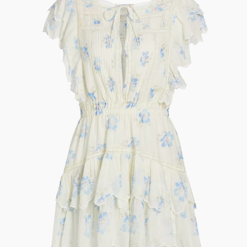 NWT. Loveshack Fancy Floral Ruffle Dress in White and Blue.